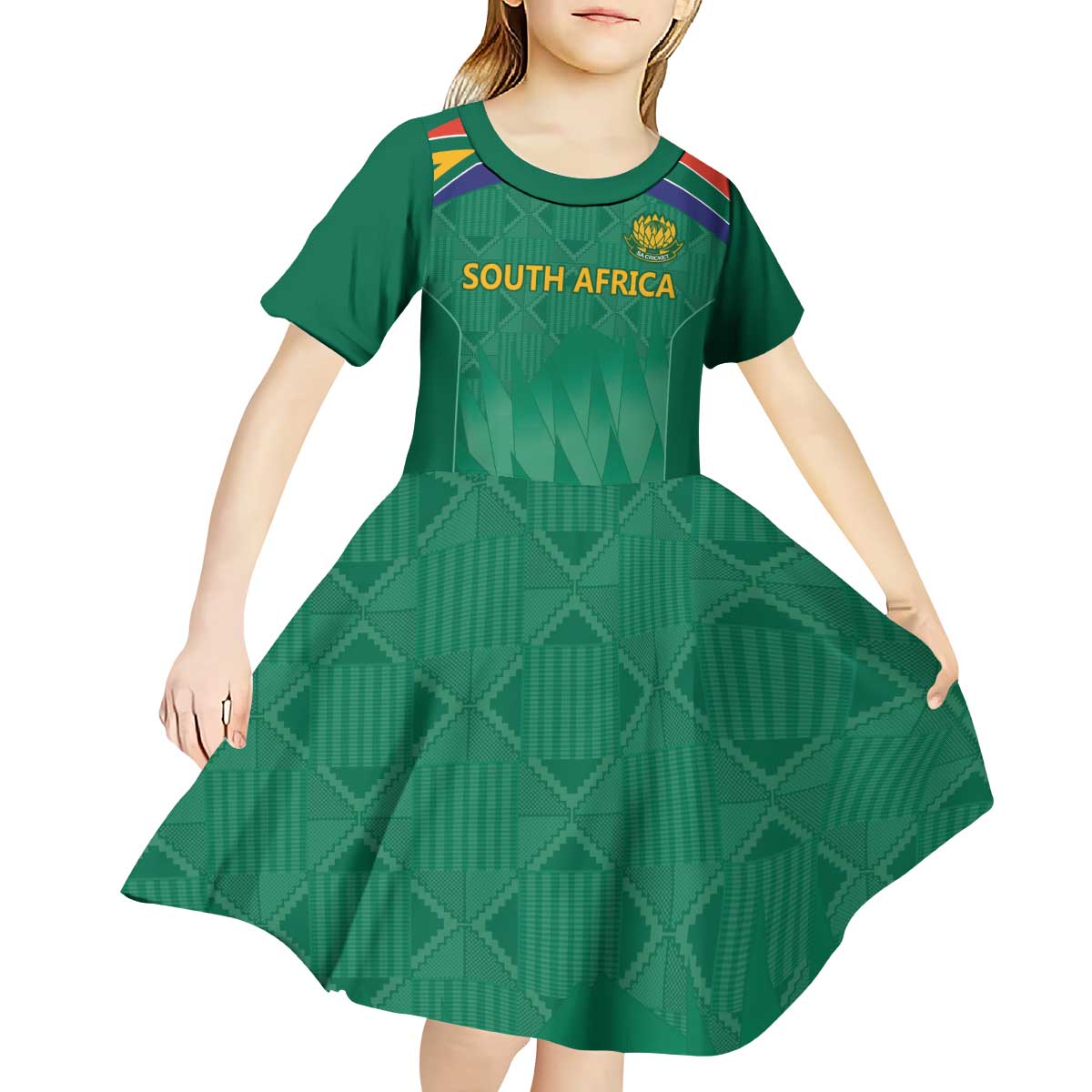 South Africa Cricket Custom Kid Short Sleeve Dress Proteas Green - Vibe Hoodie Shop