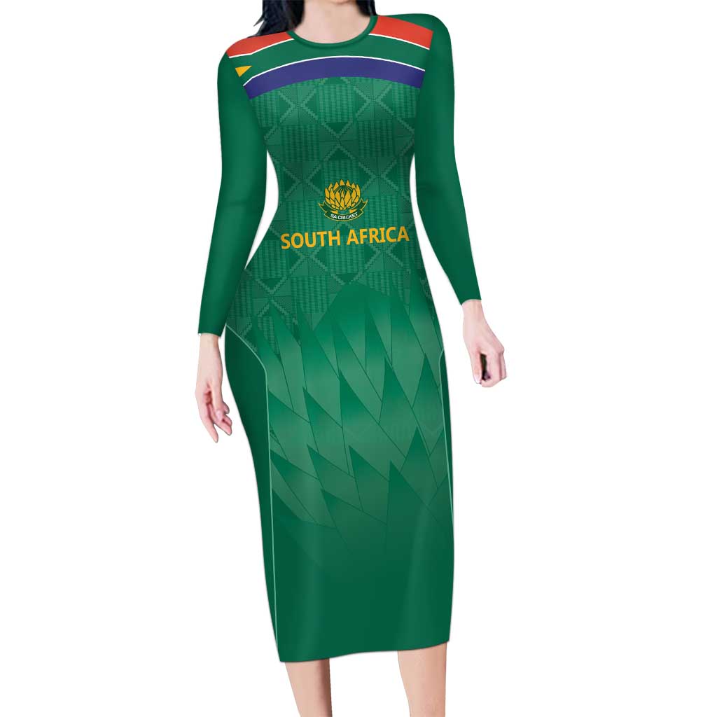 South Africa Cricket Custom Long Sleeve Bodycon Dress Proteas Green