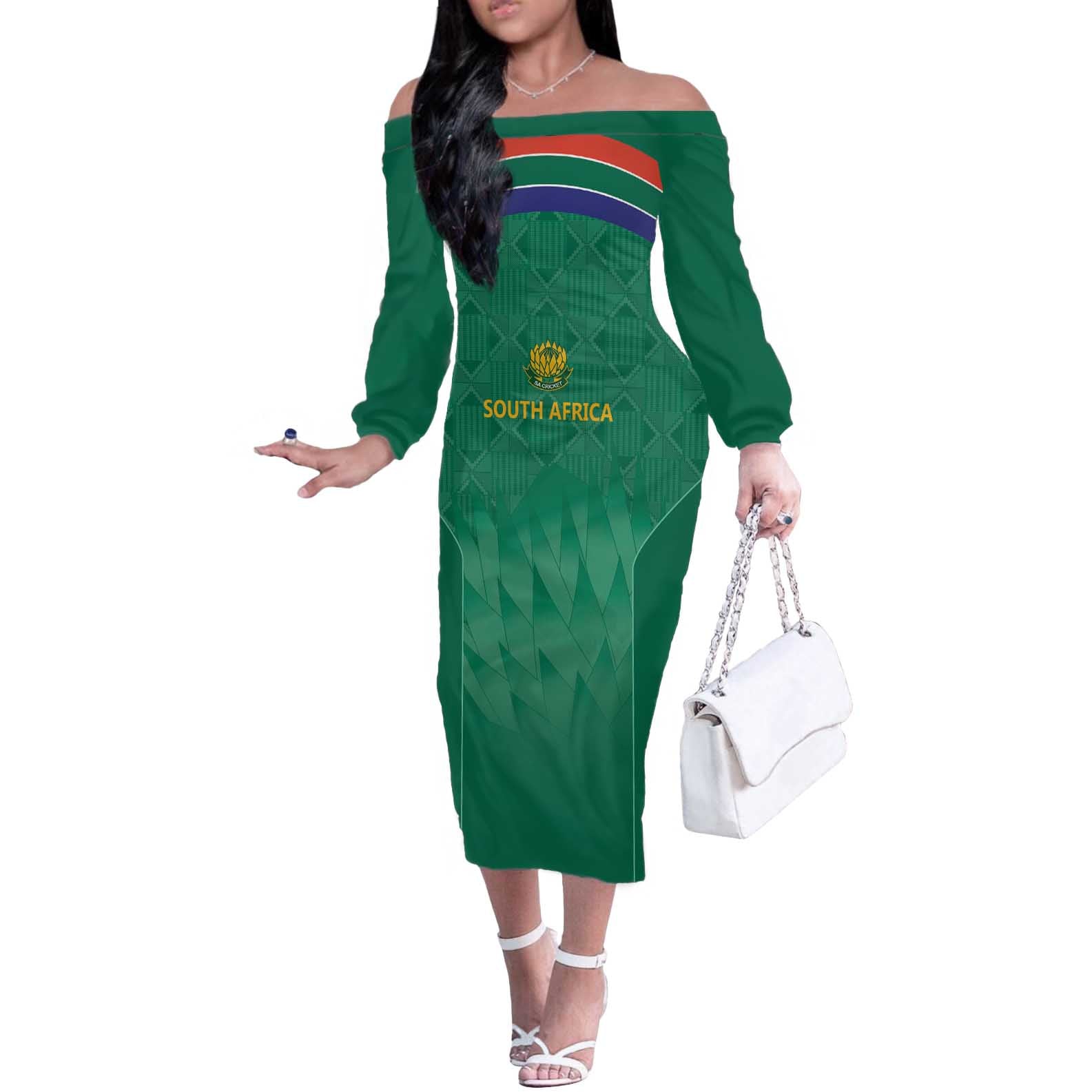 South Africa Cricket Custom Off The Shoulder Long Sleeve Dress Proteas Green