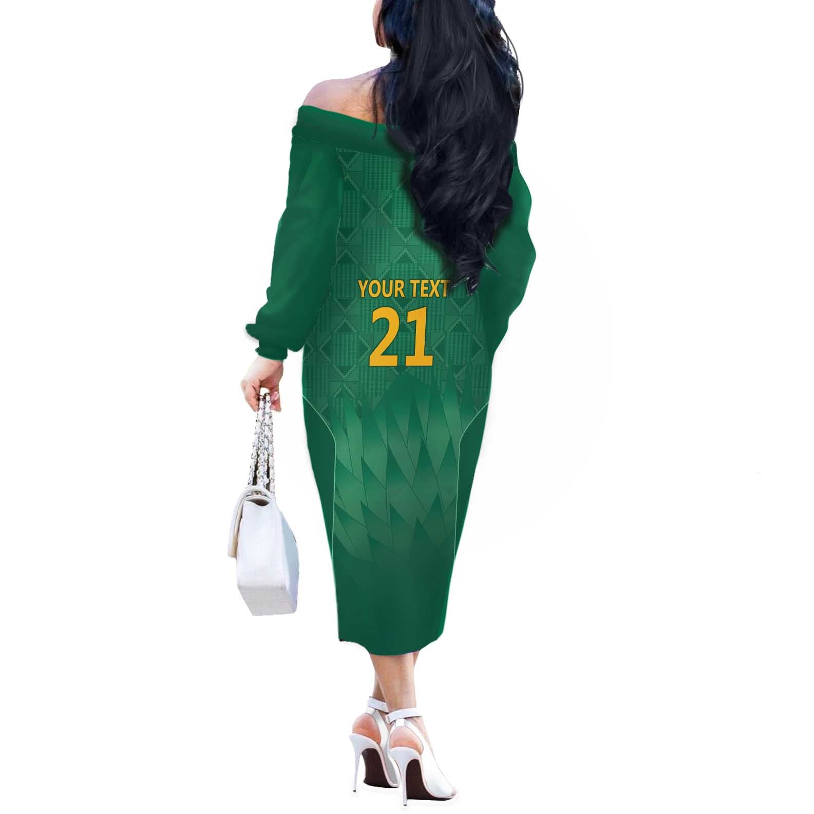 South Africa Cricket Custom Off The Shoulder Long Sleeve Dress Proteas Green