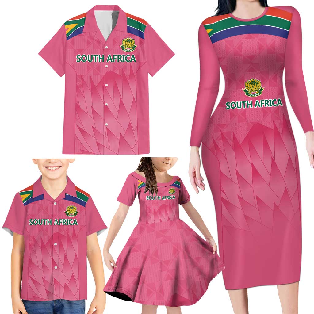 South Africa Cricket Custom Family Matching Long Sleeve Bodycon Dress and Hawaiian Shirt Proteas Pink