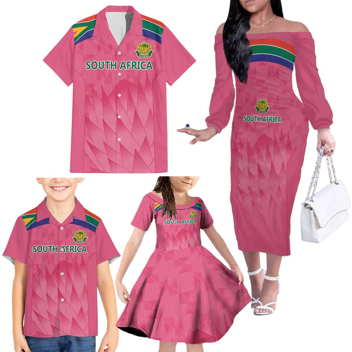 South Africa Cricket Custom Family Matching Off The Shoulder Long Sleeve Dress and Hawaiian Shirt Proteas Pink