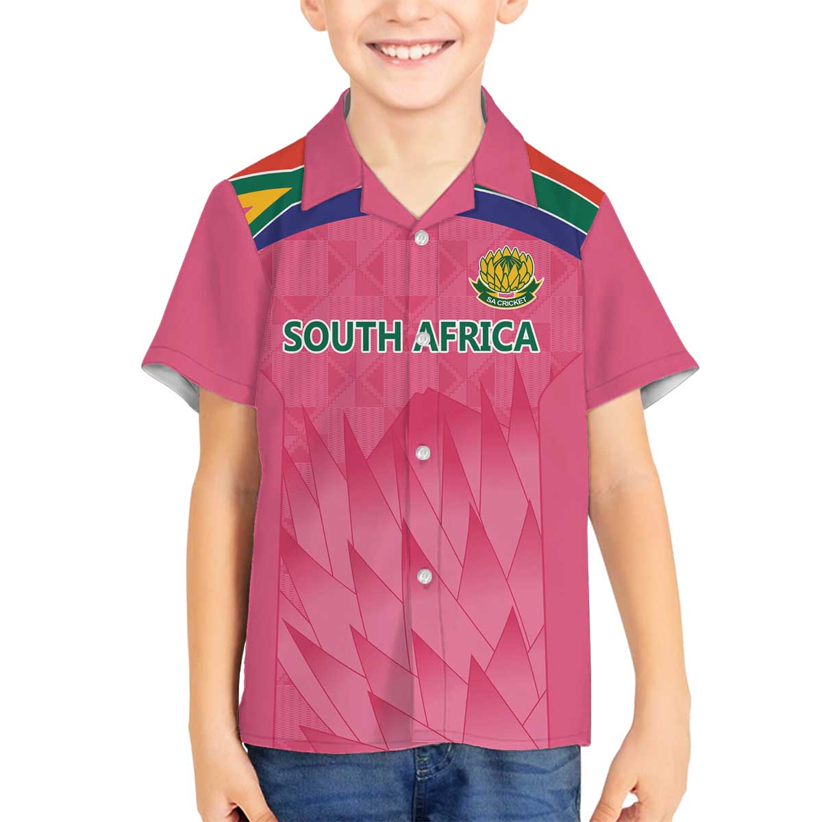 South Africa Cricket Custom Family Matching Off The Shoulder Long Sleeve Dress and Hawaiian Shirt Proteas Pink