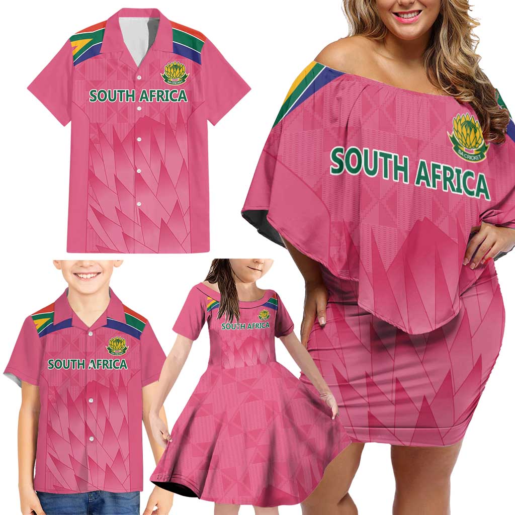 South Africa Cricket Custom Family Matching Off Shoulder Short Dress and Hawaiian Shirt Proteas Pink