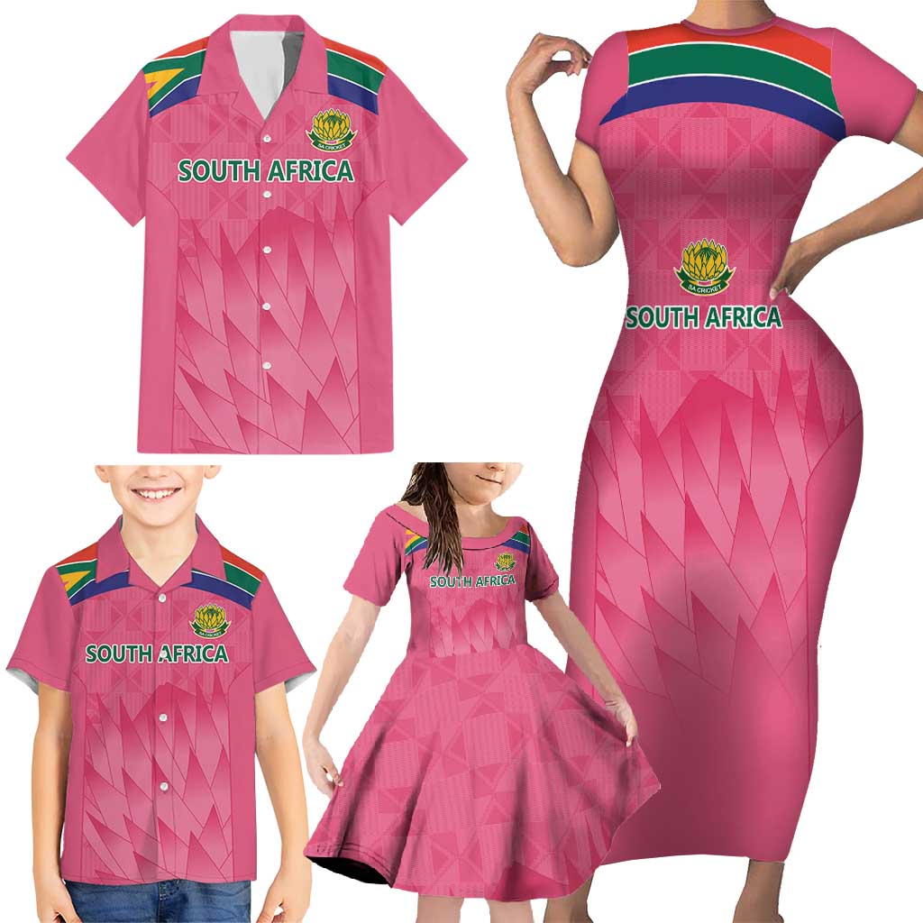 South Africa Cricket Custom Family Matching Short Sleeve Bodycon Dress and Hawaiian Shirt Proteas Pink