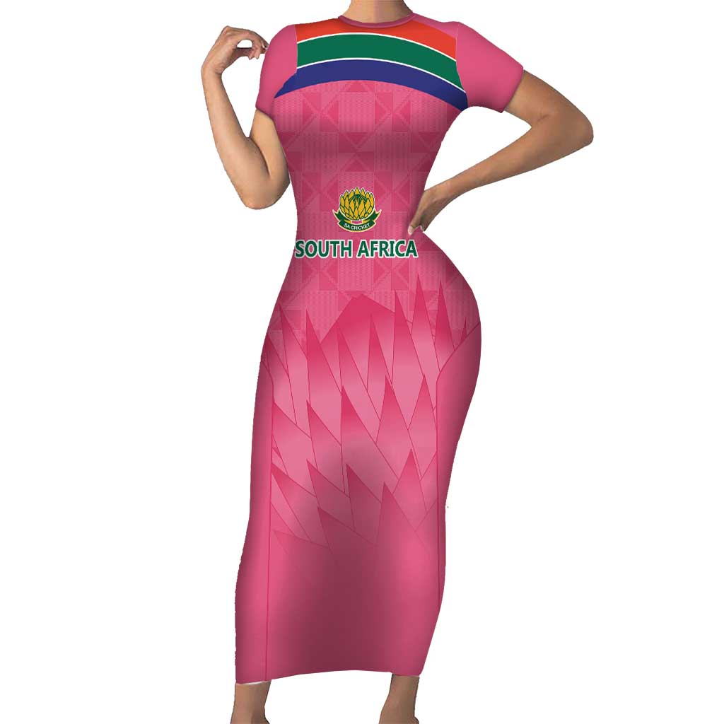 South Africa Cricket Custom Family Matching Short Sleeve Bodycon Dress and Hawaiian Shirt Proteas Pink