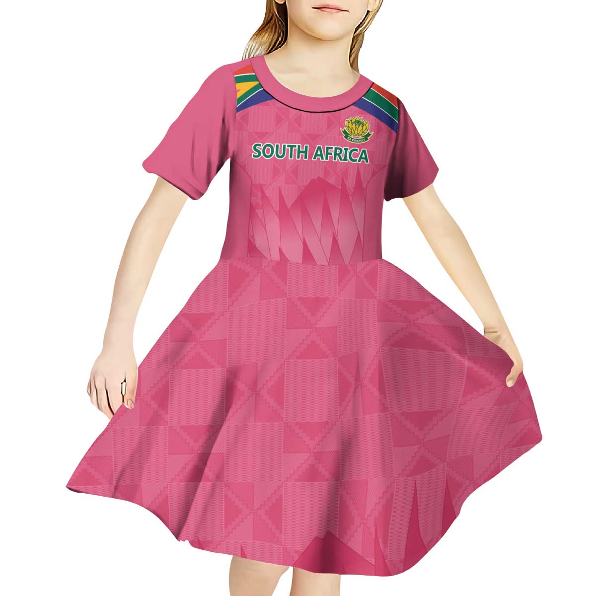 South Africa Cricket Custom Kid Short Sleeve Dress Proteas Pink - Vibe Hoodie Shop