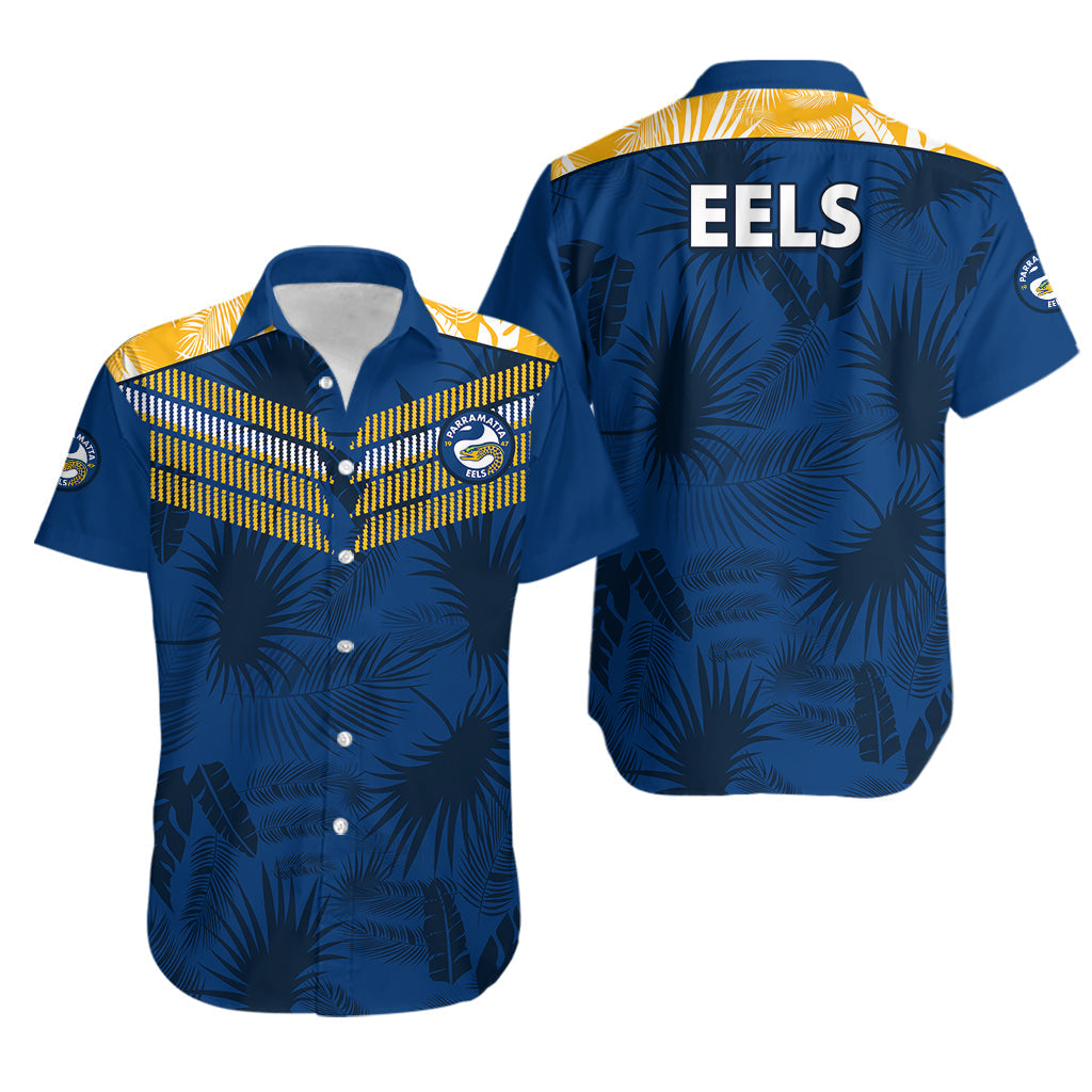 Parramatta Eels Rugby Hawaiian Shirt Simple Hawaiian Palms Leaf - Vibe Hoodie Shop