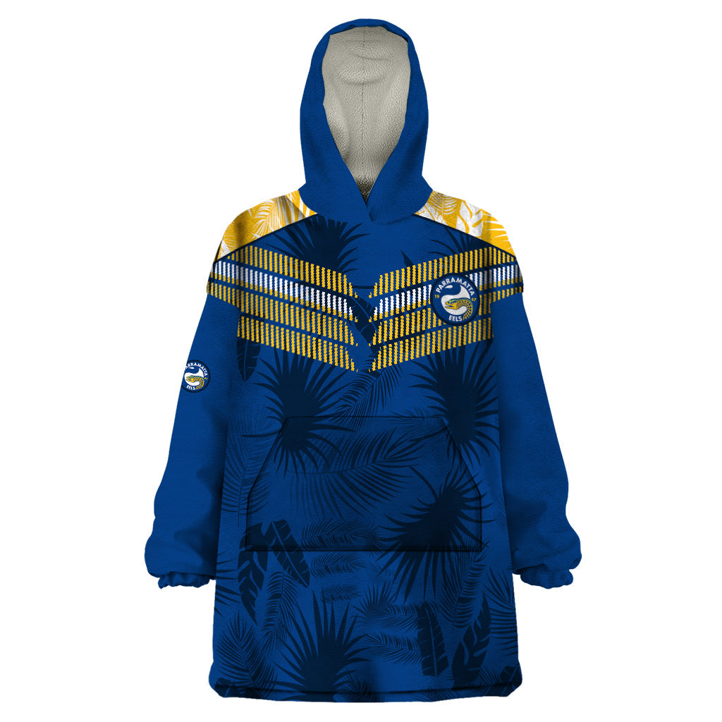 Parramatta Eels Rugby Wearable Blanket Hoodie Simple Hawaiian Palms Leaf - Vibe Hoodie Shop