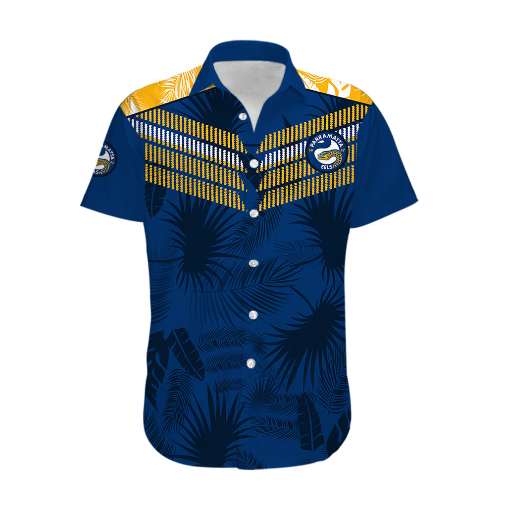 (Custom Text And Number) Parramatta Eels Rugby Hawaiian Shirt Simple Hawaiian Palms Leaf - Vibe Hoodie Shop