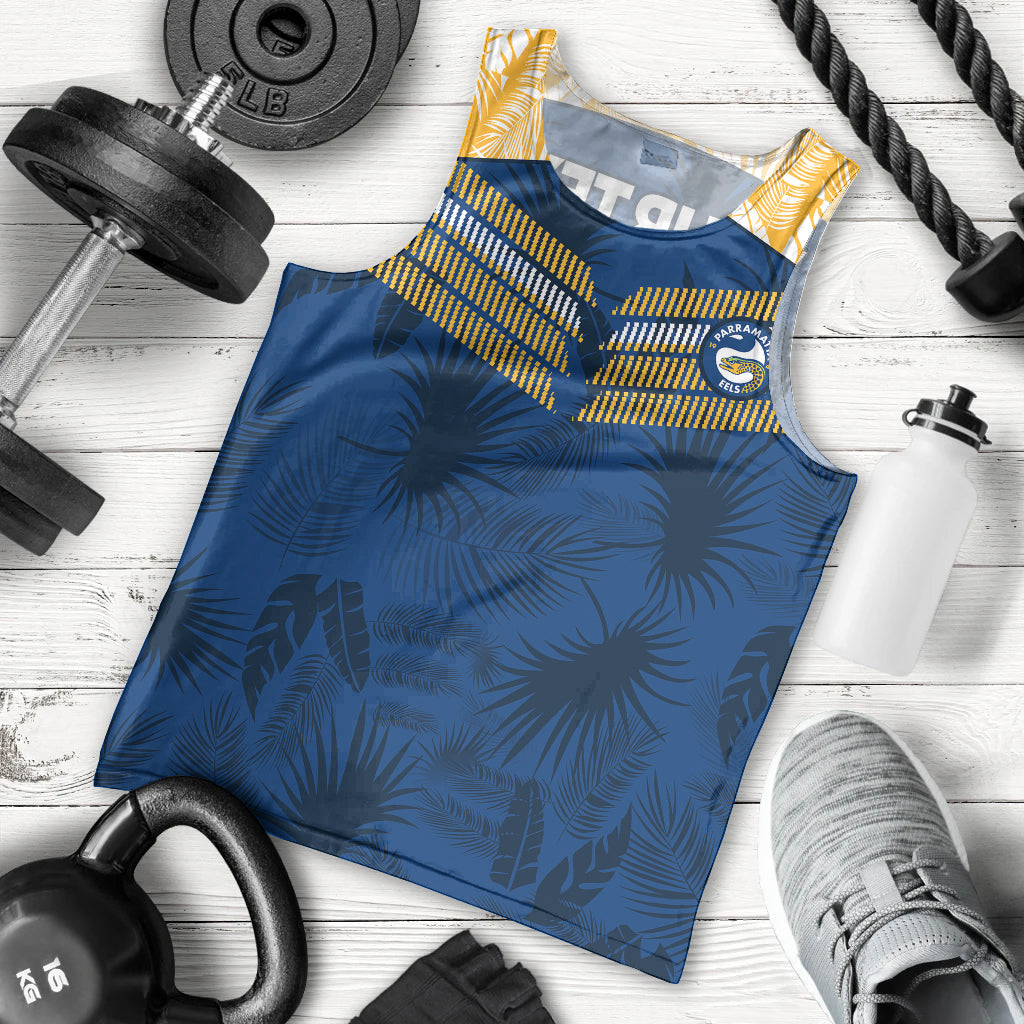 (Custom Text And Number) Parramatta Eels Rugby Men Tank Top Simple Hawaiian Palms Leaf - Vibe Hoodie Shop