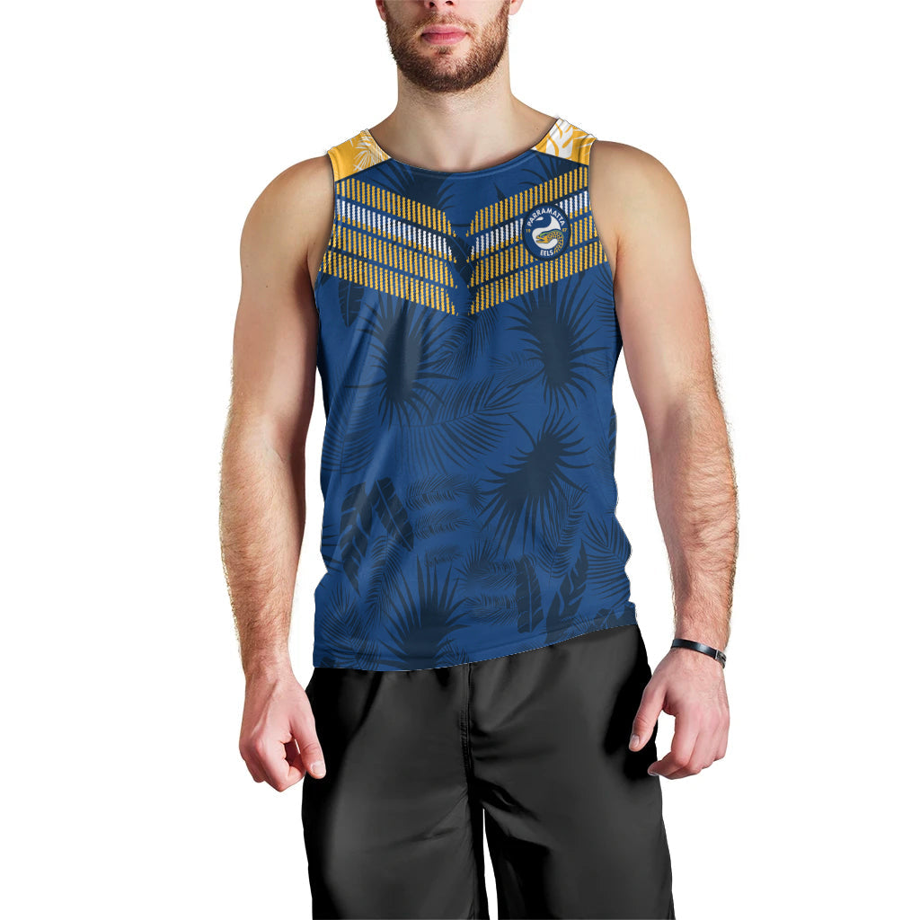 (Custom Text And Number) Parramatta Eels Rugby Men Tank Top Simple Hawaiian Palms Leaf - Vibe Hoodie Shop