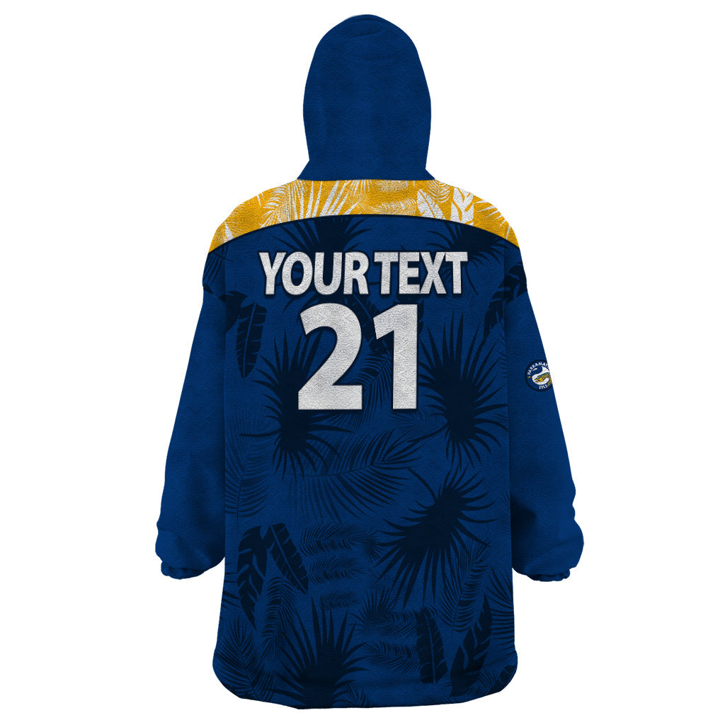 (Custom Text And Number) Parramatta Eels Rugby Wearable Blanket Hoodie Simple Hawaiian Palms Leaf - Vibe Hoodie Shop