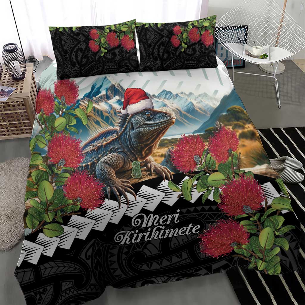Meri Kirihimete Tuatara Bedding Set New Zealand Fern with Puhutukawa Flowers - Vibe Hoodie Shop
