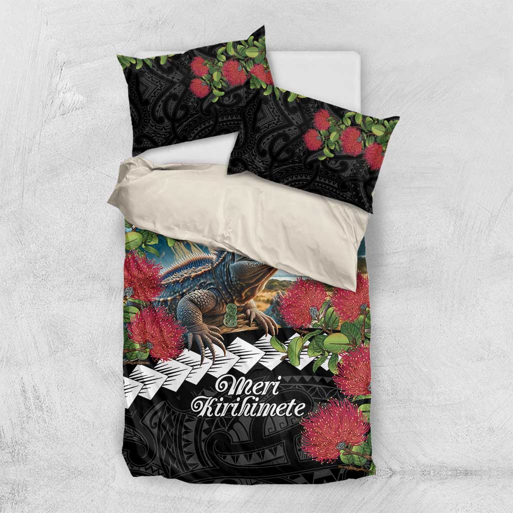 Meri Kirihimete Tuatara Bedding Set New Zealand Fern with Puhutukawa Flowers - Vibe Hoodie Shop