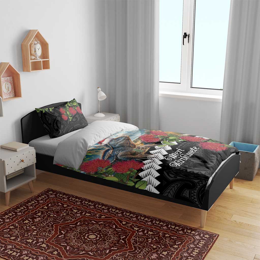 Meri Kirihimete Tuatara Bedding Set New Zealand Fern with Puhutukawa Flowers - Vibe Hoodie Shop