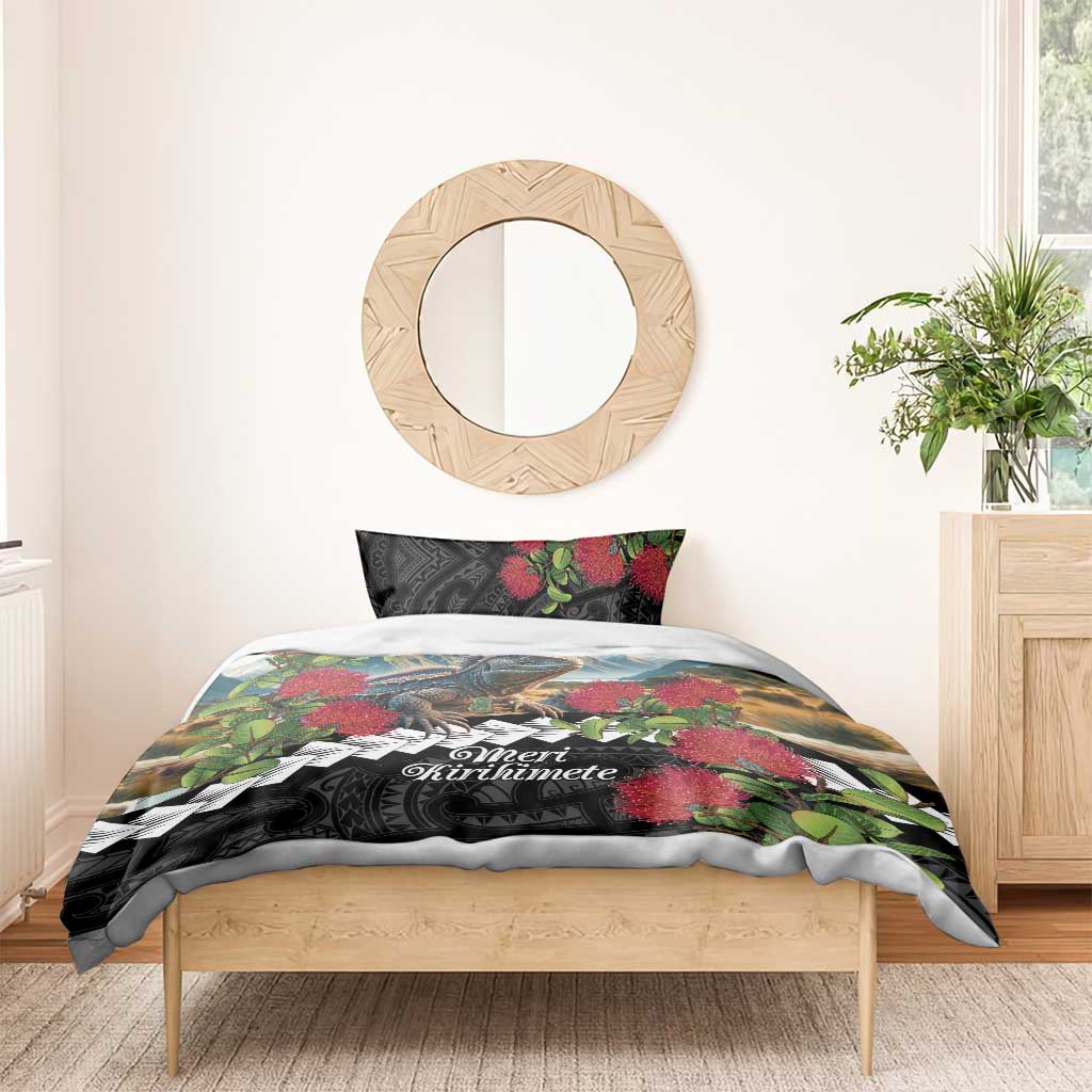 Meri Kirihimete Tuatara Bedding Set New Zealand Fern with Puhutukawa Flowers - Vibe Hoodie Shop