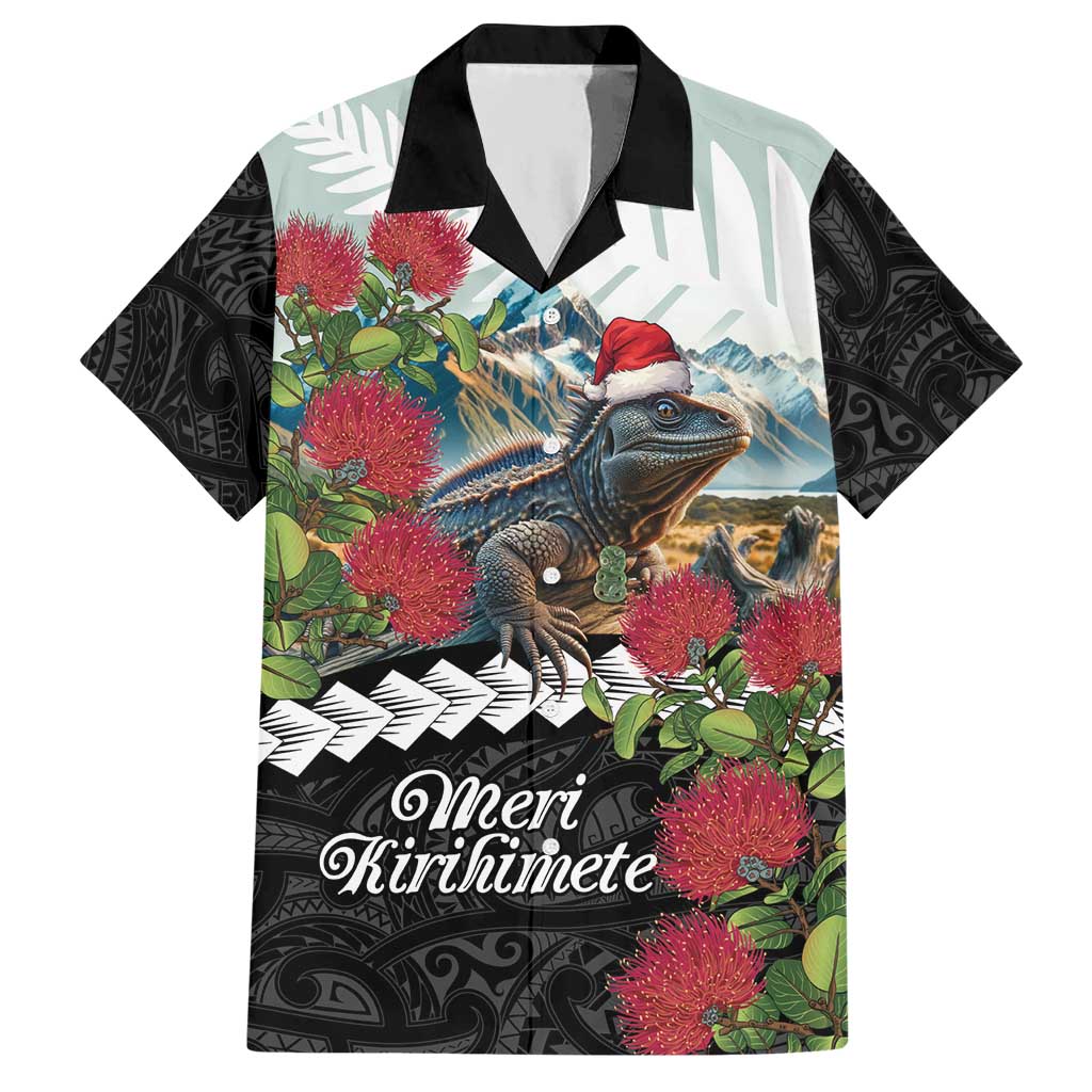 Meri Kirihimete Tuatara Hawaiian Shirt New Zealand Fern with Puhutukawa Flowers - Vibe Hoodie Shop