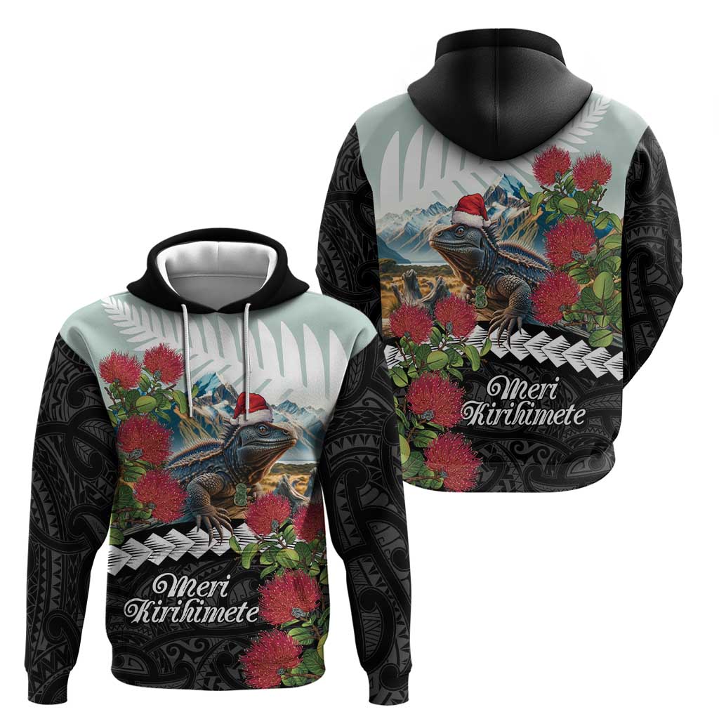 Meri Kirihimete Tuatara Hoodie New Zealand Fern with Puhutukawa Flowers LT9 - Vibe Hoodie Shop