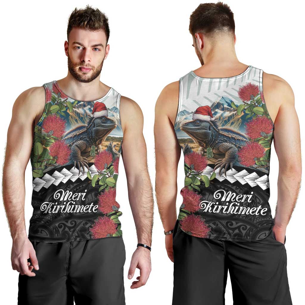 Meri Kirihimete Tuatara Men Tank Top New Zealand Fern with Puhutukawa Flowers - Vibe Hoodie Shop