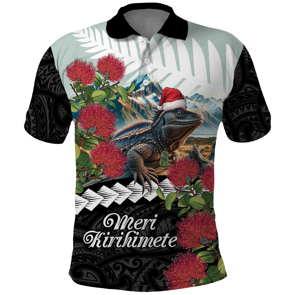 Meri Kirihimete Tuatara Polo Shirt New Zealand Fern with Puhutukawa Flowers LT9 - Vibe Hoodie Shop