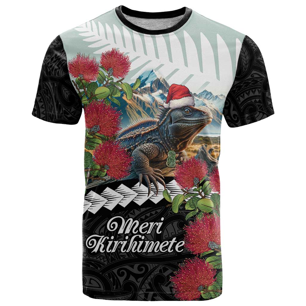 Meri Kirihimete Tuatara T Shirt New Zealand Fern with Puhutukawa Flowers LT9 - Vibe Hoodie Shop