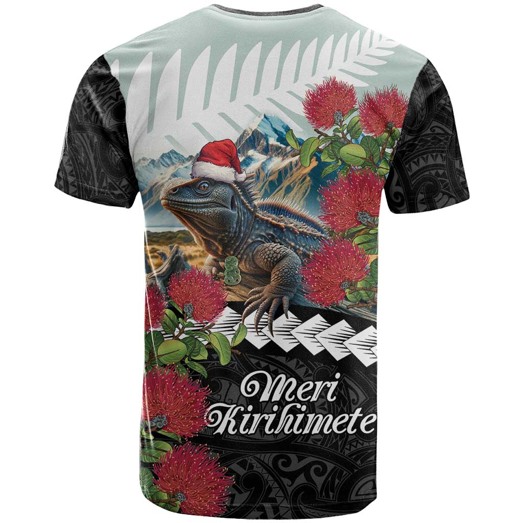 Meri Kirihimete Tuatara T Shirt New Zealand Fern with Puhutukawa Flowers LT9 - Vibe Hoodie Shop