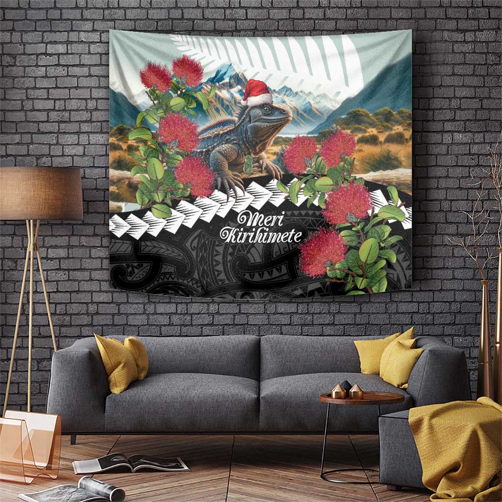 Meri Kirihimete Tuatara Tapestry New Zealand Fern with Puhutukawa Flowers - Vibe Hoodie Shop