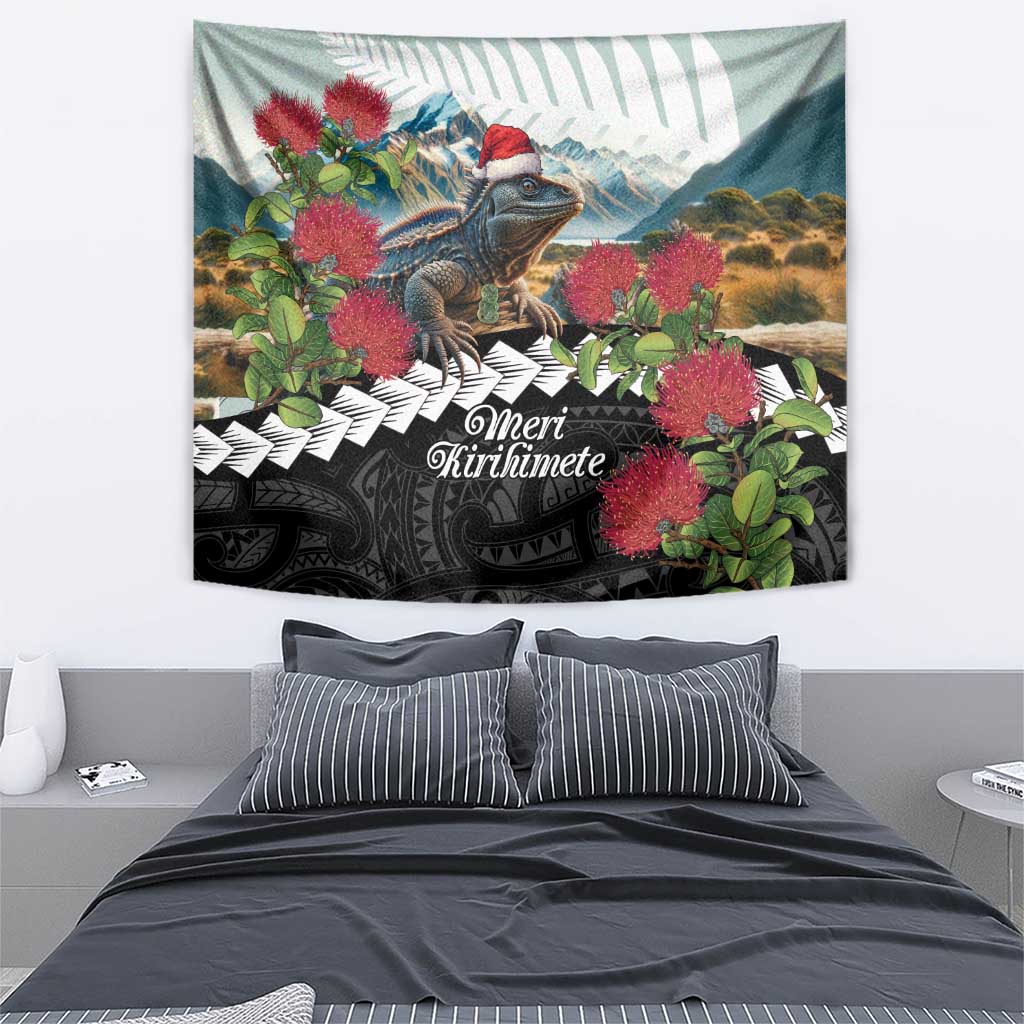 Meri Kirihimete Tuatara Tapestry New Zealand Fern with Puhutukawa Flowers - Vibe Hoodie Shop