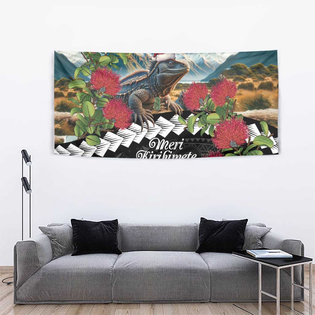 Meri Kirihimete Tuatara Tapestry New Zealand Fern with Puhutukawa Flowers - Vibe Hoodie Shop