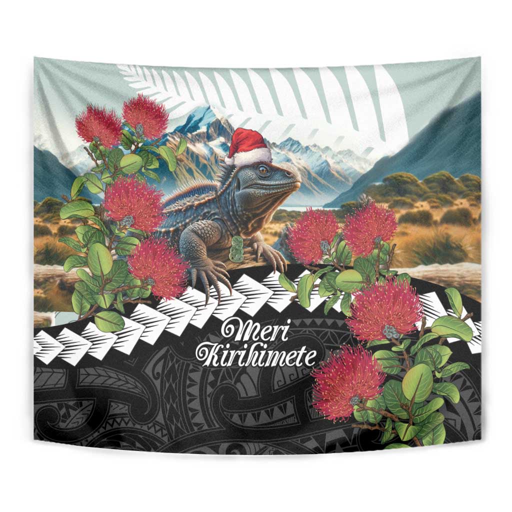 Meri Kirihimete Tuatara Tapestry New Zealand Fern with Puhutukawa Flowers - Vibe Hoodie Shop