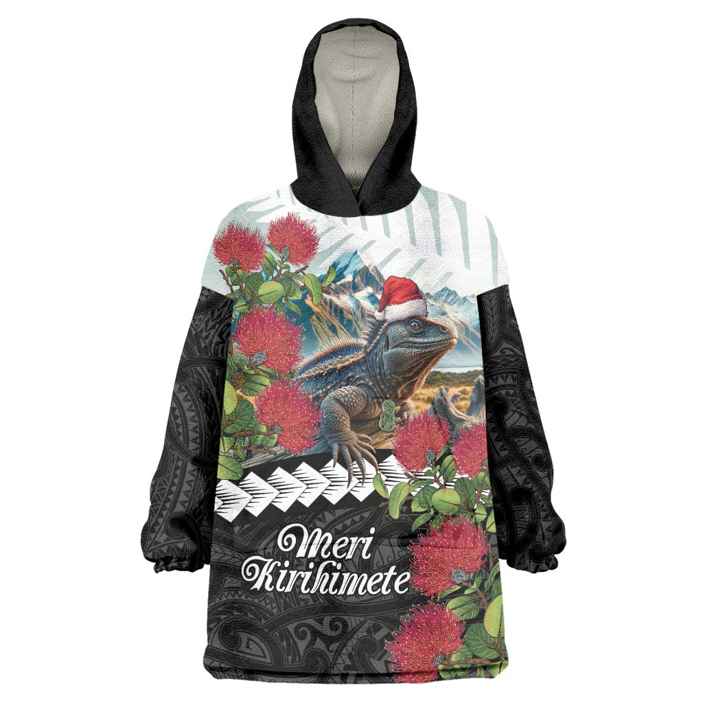 Meri Kirihimete Tuatara Wearable Blanket Hoodie New Zealand Fern with Puhutukawa Flowers - Vibe Hoodie Shop