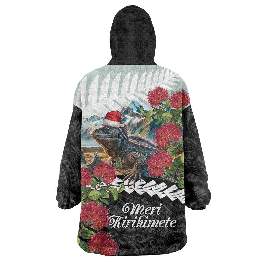 Meri Kirihimete Tuatara Wearable Blanket Hoodie New Zealand Fern with Puhutukawa Flowers - Vibe Hoodie Shop