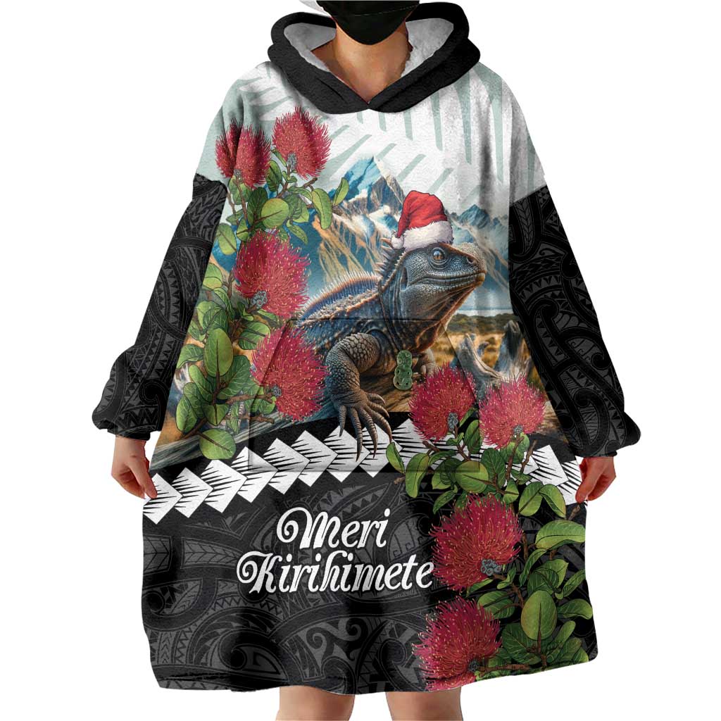 Meri Kirihimete Tuatara Wearable Blanket Hoodie New Zealand Fern with Puhutukawa Flowers - Vibe Hoodie Shop