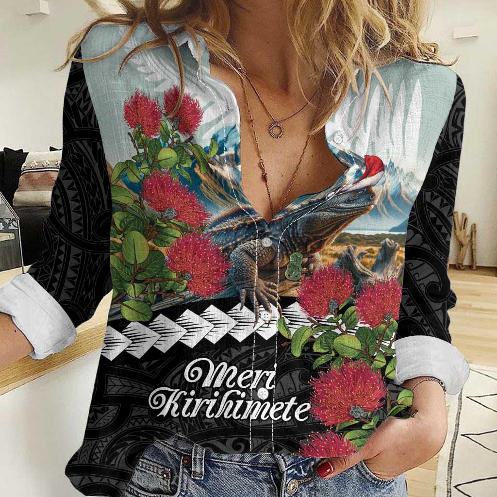 Meri Kirihimete Tuatara Women Casual Shirt New Zealand Fern with Puhutukawa Flowers - Vibe Hoodie Shop