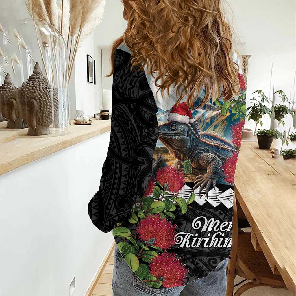 Meri Kirihimete Tuatara Women Casual Shirt New Zealand Fern with Puhutukawa Flowers - Vibe Hoodie Shop