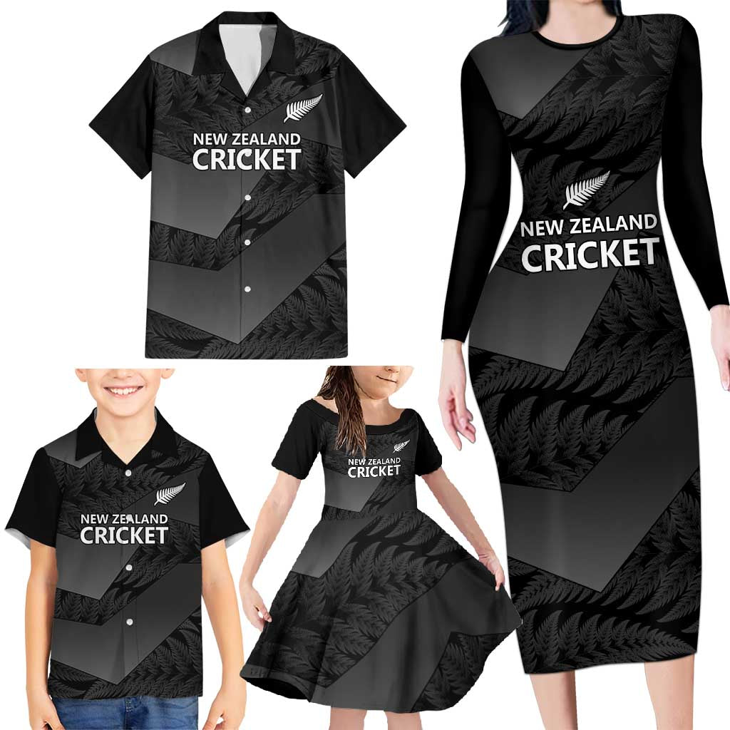 New Zealand Cricket Custom Family Matching Long Sleeve Bodycon Dress and Hawaiian Shirt Potae Pango Black Fern Pattern