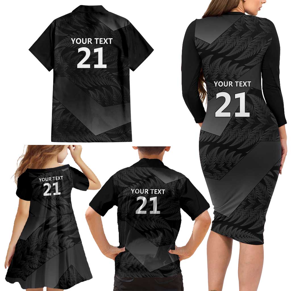 New Zealand Cricket Custom Family Matching Long Sleeve Bodycon Dress and Hawaiian Shirt Potae Pango Black Fern Pattern