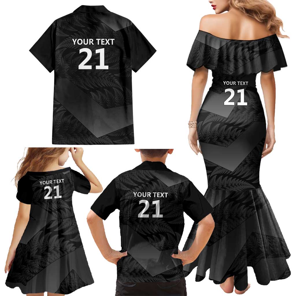 New Zealand Cricket Custom Family Matching Mermaid Dress and Hawaiian Shirt Potae Pango Black Fern Pattern