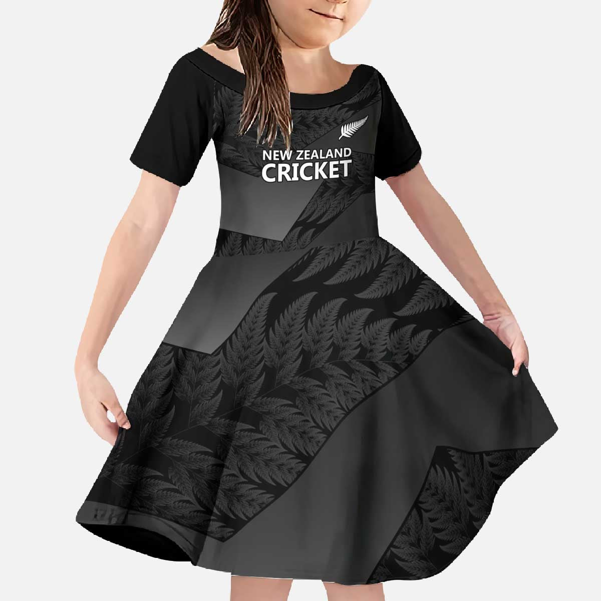 New Zealand Cricket Custom Family Matching Off The Shoulder Long Sleeve Dress and Hawaiian Shirt Potae Pango Black Fern Pattern