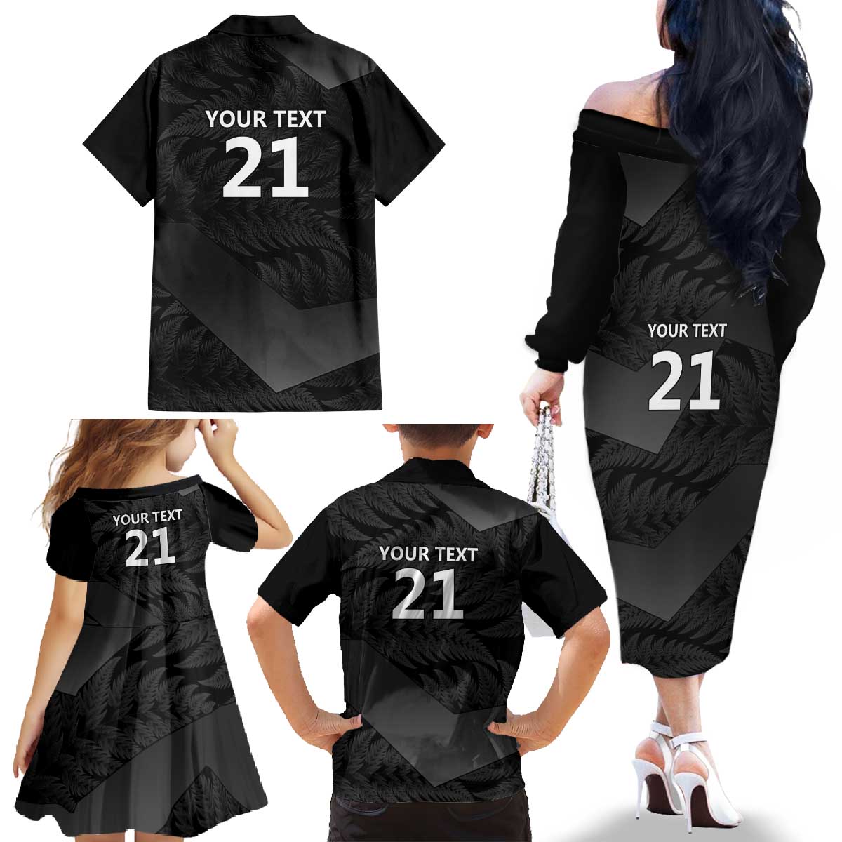 New Zealand Cricket Custom Family Matching Off The Shoulder Long Sleeve Dress and Hawaiian Shirt Potae Pango Black Fern Pattern