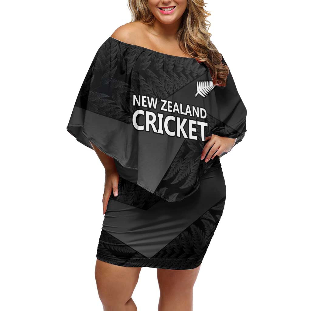 New Zealand Cricket Custom Family Matching Off Shoulder Short Dress and Hawaiian Shirt Potae Pango Black Fern Pattern