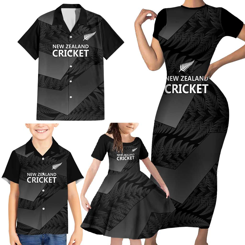 New Zealand Cricket Custom Family Matching Short Sleeve Bodycon Dress and Hawaiian Shirt Potae Pango Black Fern Pattern