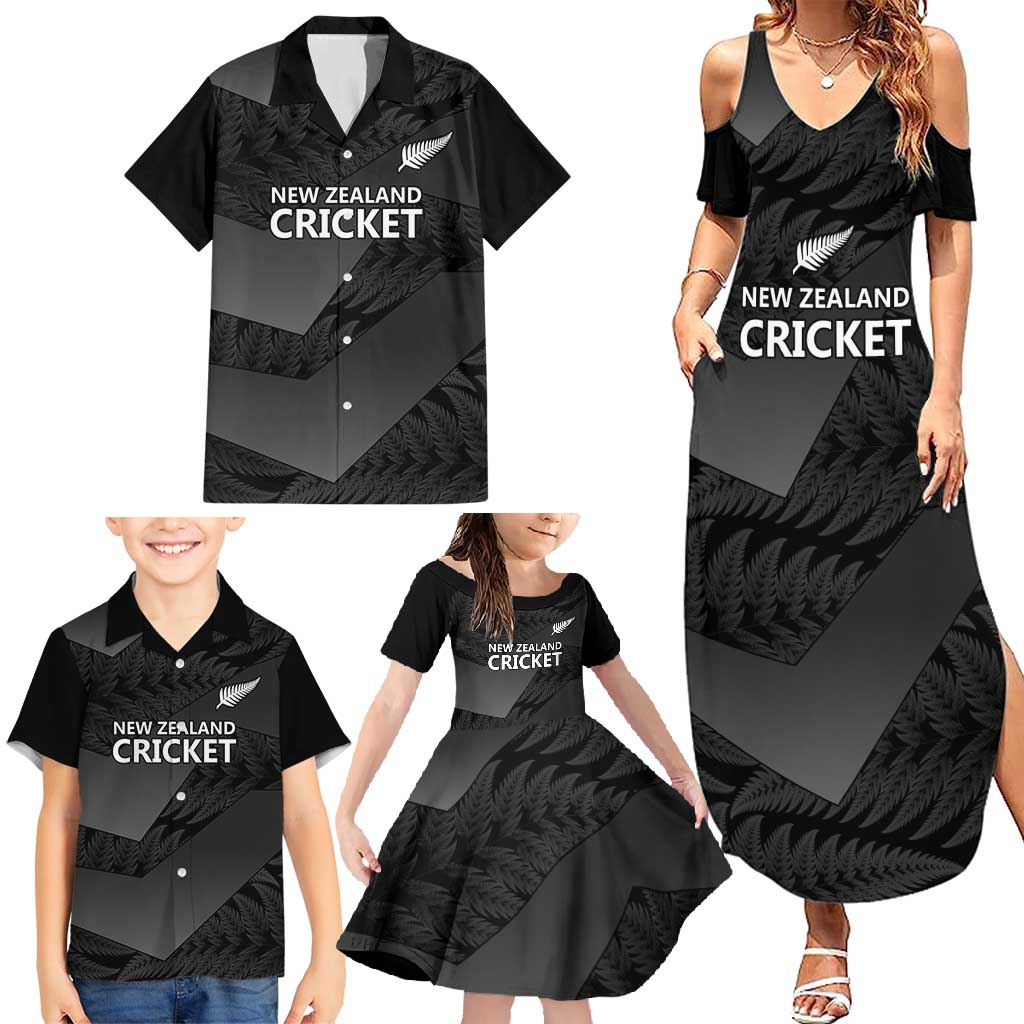 New Zealand Cricket Custom Family Matching Summer Maxi Dress and Hawaiian Shirt Potae Pango Black Fern Pattern