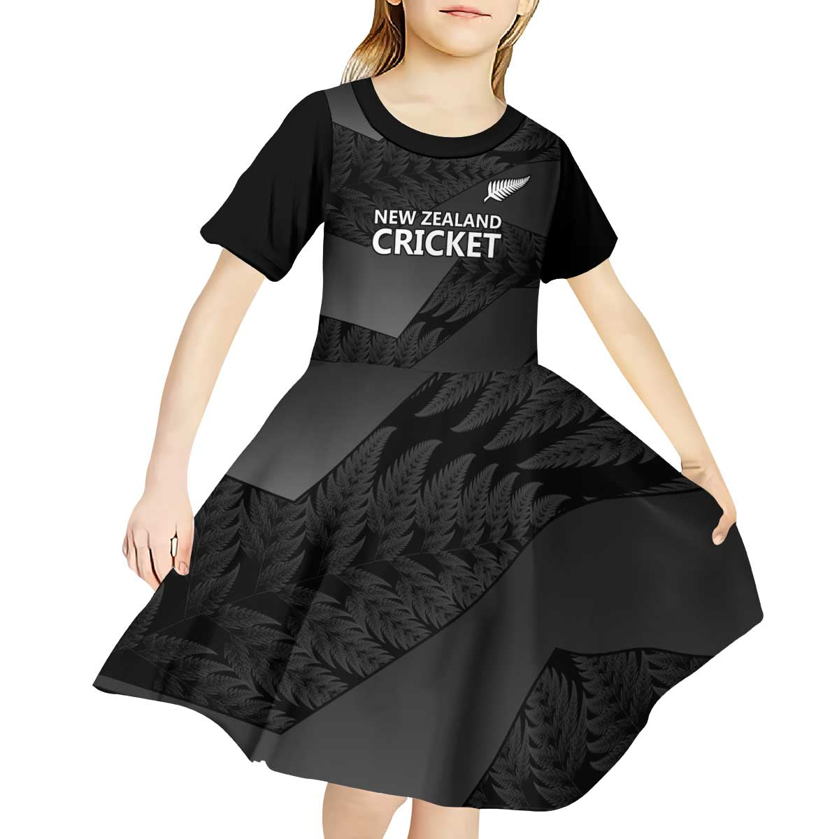 New Zealand Cricket Custom Kid Short Sleeve Dress Potae Pango Black Fern Pattern - Vibe Hoodie Shop