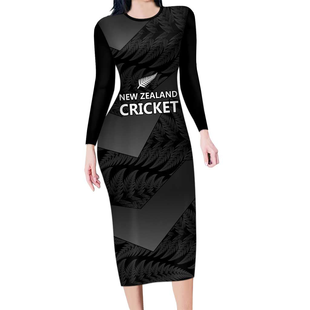 New Zealand Cricket Custom Long Sleeve Bodycon Dress Potae Pango Black Fern Pattern