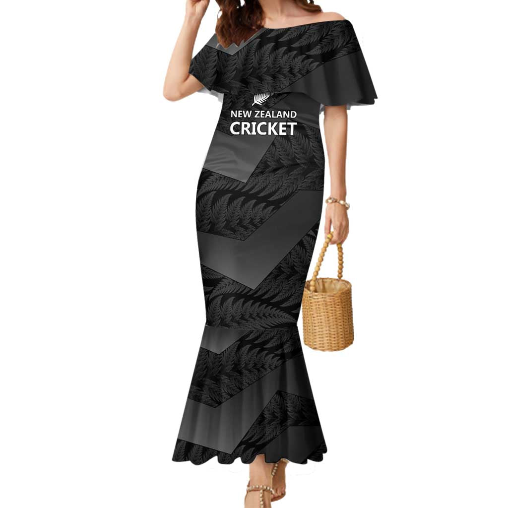 New Zealand Cricket Custom Mermaid Dress Potae Pango Black Fern Pattern