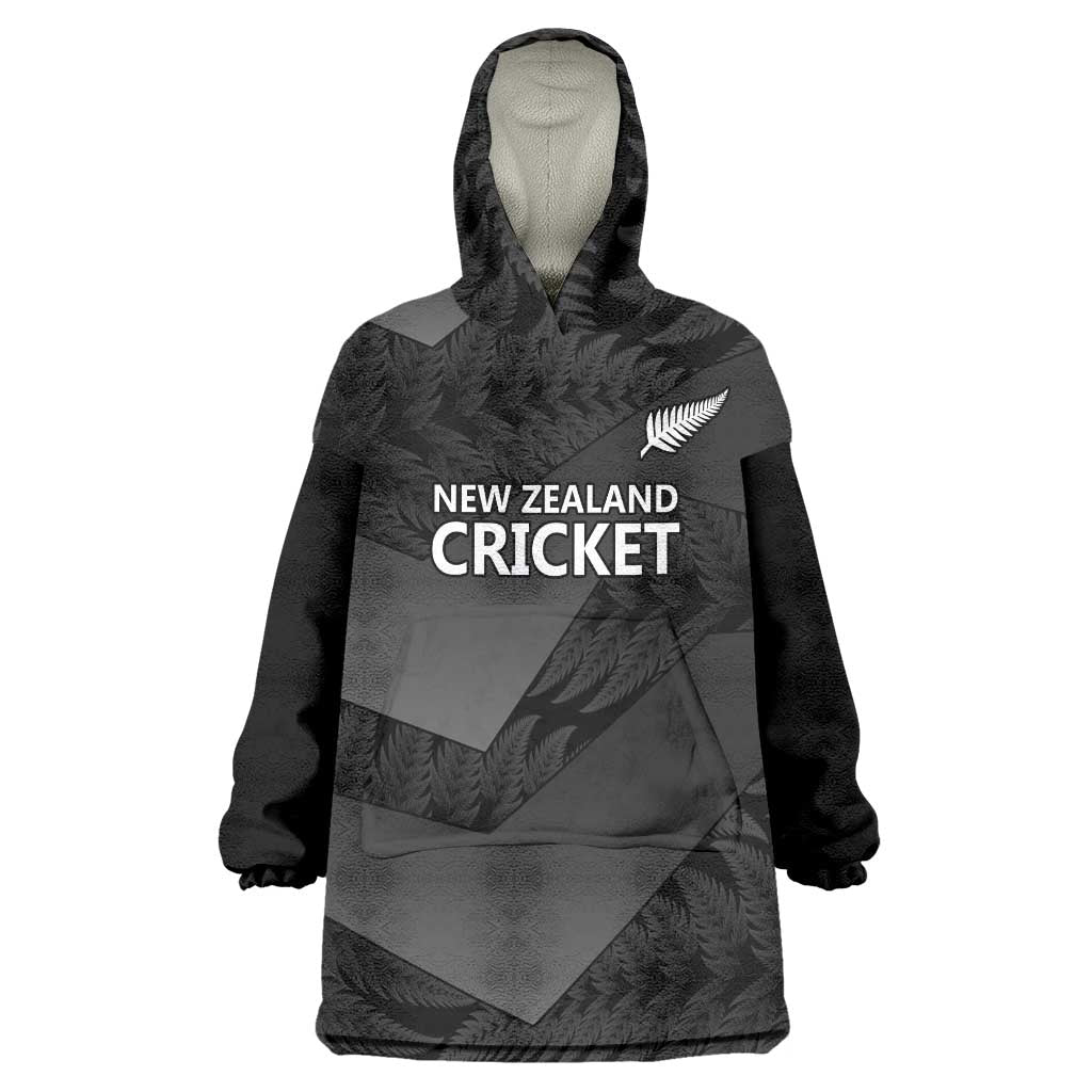 New Zealand Cricket Custom Wearable Blanket Hoodie Potae Pango Black Fern Pattern - Vibe Hoodie Shop