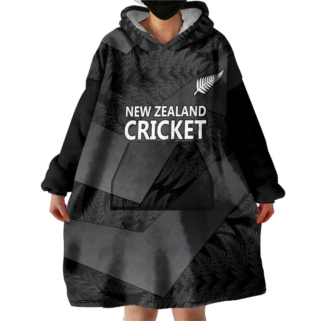 New Zealand Cricket Custom Wearable Blanket Hoodie Potae Pango Black Fern Pattern - Vibe Hoodie Shop