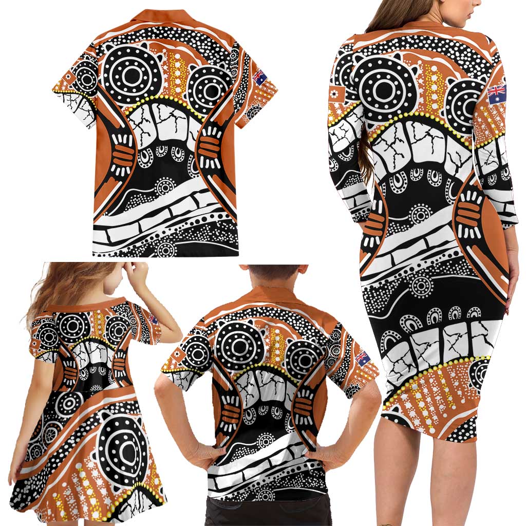 Australian Northern Territory Family Matching Long Sleeve Bodycon Dress and Hawaiian Shirt Aboriginal with Sturt's Desert Rose